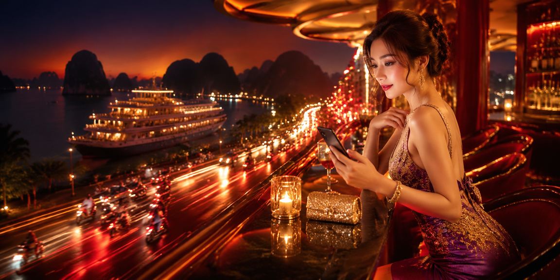 Cảnh đêm tại Vịnh Hạ Long lung linh với ánh đèn neon và giao diện VIP bonus trên màn hình